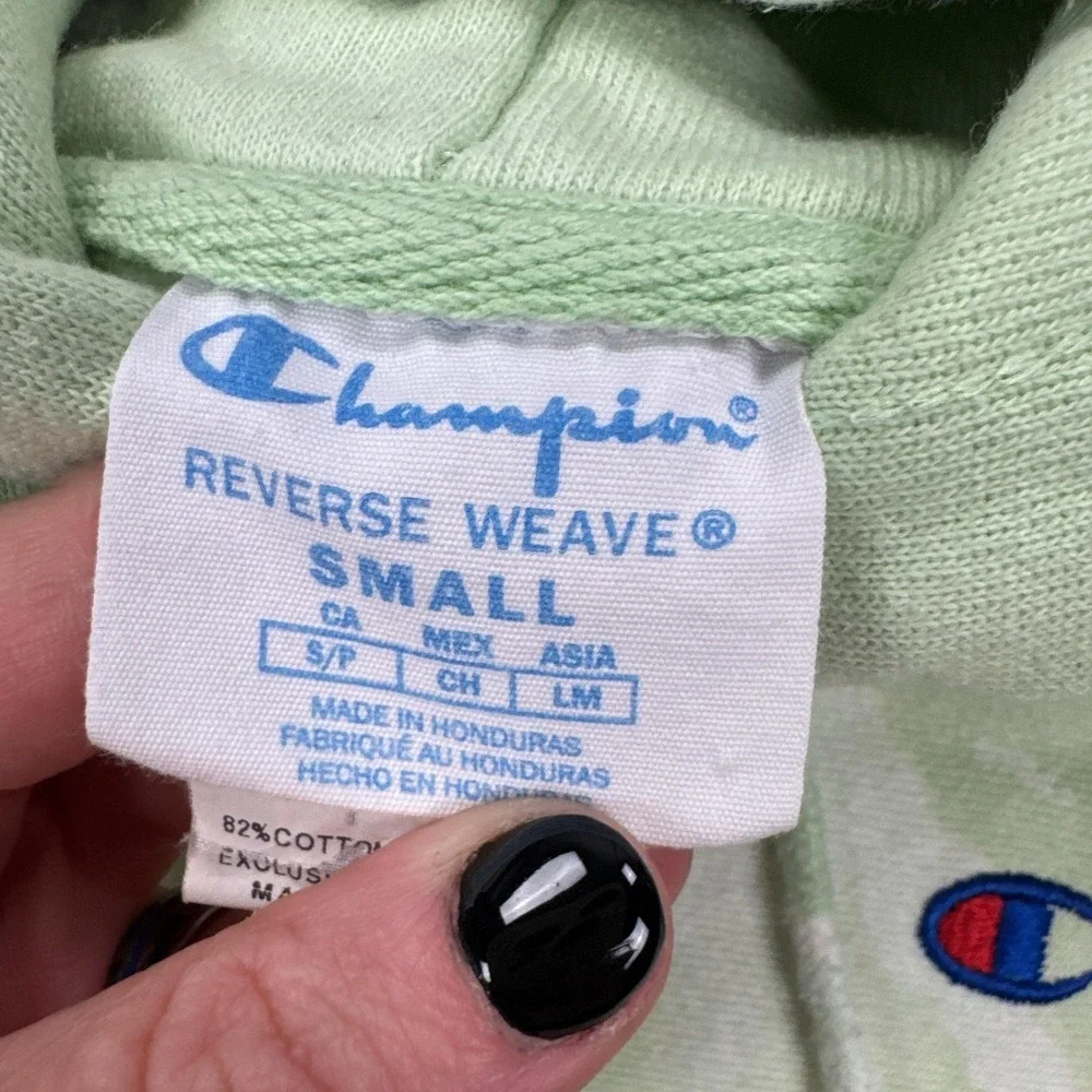 Champion Reverse Weave Hoodie Mens Small Green Bleach Dye Fleece Pullover